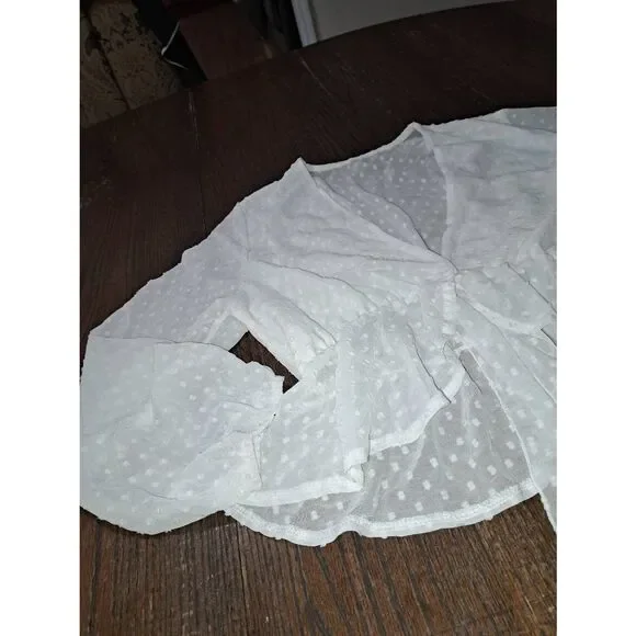 Medium White Deep VCut VNeck Tie Waist Sheer Long Sleeve Shirt Top Blouse - Picture 3 of 5